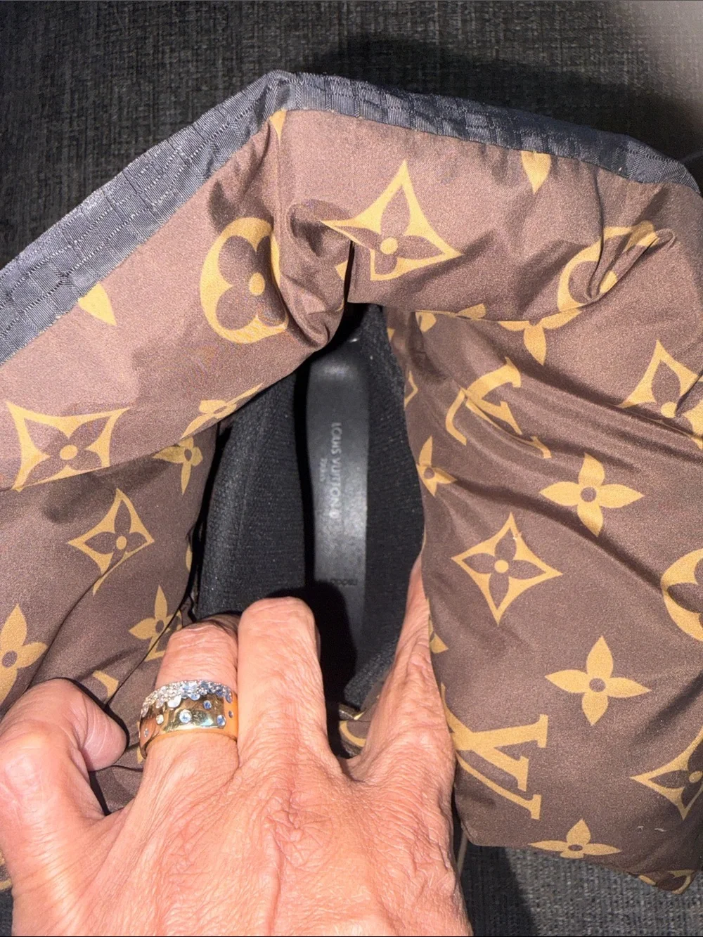 Louis Vuitton Black Quilted Winter Boots with Brown Monogram Cuff